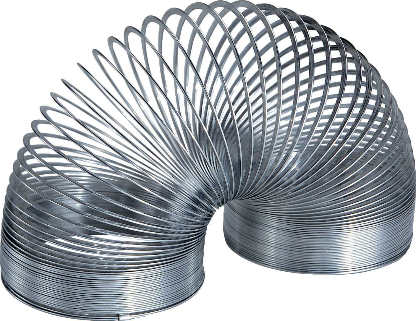 A close-up view of a single coil from a Pack Metal Slinky set, showing the tightly wound steel wire loops