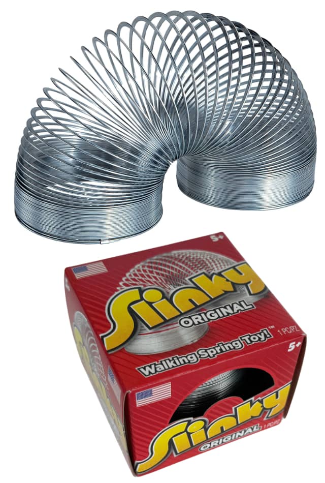 Slinky Walking Spring Toy, the original metal Slinky coil shown beside its Walking Spring Toy retail box